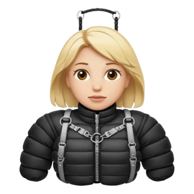 blond female emoji wearing a black down jacket, under bondage sticker