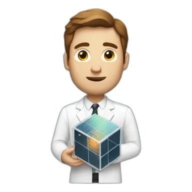 Tall white man with brown hair carrying a small cube satellite sticker