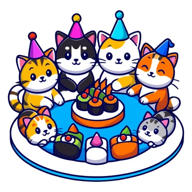 six different cats arranged in a circle, celebrating with party hats, each cat holding a piece of sushi, birthday cake in the center sticker
