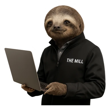 a sloth in a sharp black 'The Mill' jacket, holding a laptop, looking intelligent and businesslike sticker