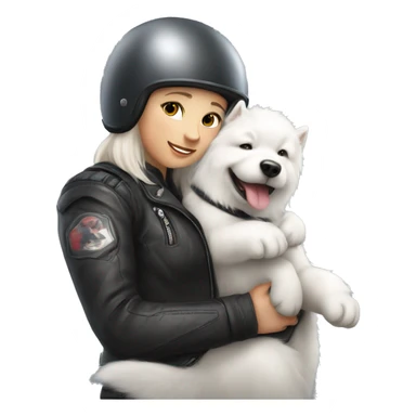 Biker girl white skin with a full helmet hugging a Samoyed  sticker