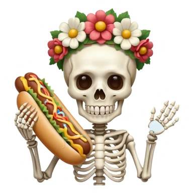 skeleteon with floweer on head with hotdog sticker