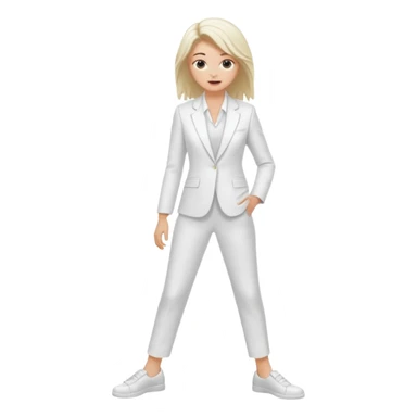 Chica blanca, traje pantalón blanco, zapatos blancos, pelo recogido con mechones sueltos, cuerpo entero sticker