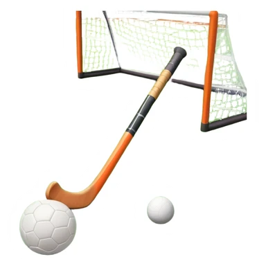 A field hockey stick and ball positioned on a vibrant green grass field, with the goalposts and clear field markings in the background. The scene highlights the lush, well-maintained turf, emphasizing the speed and precision of the sport in an energizing outdoor setting. sticker