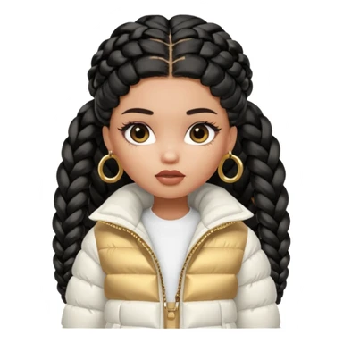 generate a pretty bratz girl with a WHITE puffer jacket, hoops, long braided hair black sticker