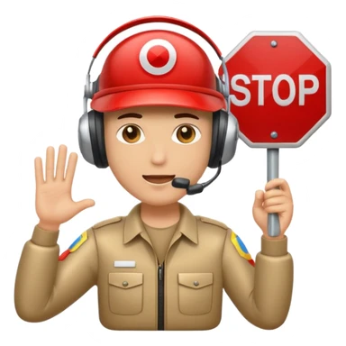 cartoon AI email bouncer with a visor and headset holding a stop sign blocking flying emails emoji sticker