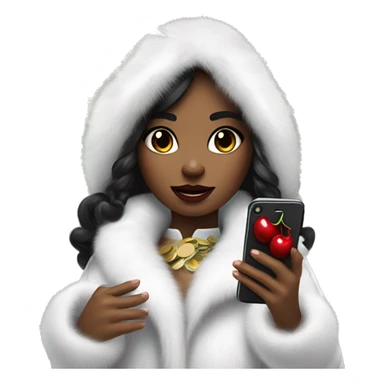 A girl in a white fur coat with dark hair with an iPhone in her hands with stickers in the form of cherries and money sticker