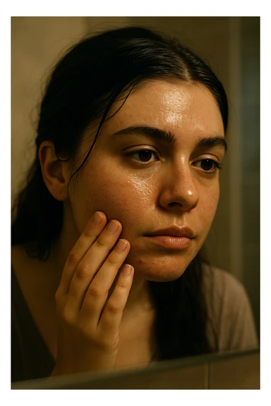 A highly realistic, cinematic close-up portrait of a young woman in her late 20s with medium skin tone, showing visible oily skin and enlarged pores on her cheeks, nose, and forehead. Her skin has a noticeable shiny appearance due to excessive sebum production, and small acne spots are visible along her jawline and chin, indicating hormonal imbalance. Her dark hair appears greasy, clumping in some areas near her scalp, emphasizing unwashed, oily hair due to overactive sebaceous glands caused by PCOS. The woman looks at herself in the mirror with a tired yet hopeful expression, gently touching her cheek with her fingertips as she observes her skin condition. The setting is a softly lit bathroom with natural daylight, and the reflection shows the detail of her skin texture and greasy hair strands. Style: 35mm hyperrealistic film, warm neutral tones with soft depth of field, focusing on the oily skin texture, visible pores, and greasy hair to clearly illustrate the visual symptoms of PCOS. in italiano sticker