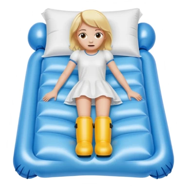 chica rubia con cara de miedo con unas botas de presoterapia gigantes inflables tirada en una cama sticker