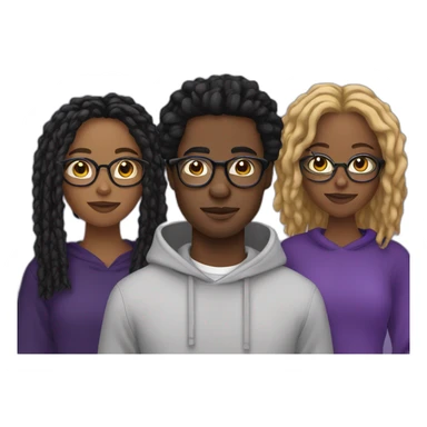 young Black male digital creator with glasses and black locs and purple sweatshirt holding two black women sticker
