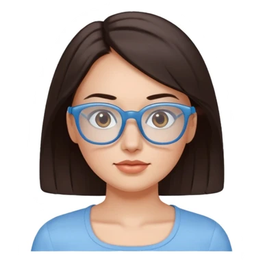 mujer de 30 años, cabello marron oscuro, ANTEOJOS CELESTE BLANCOS, top celeste escote cuadrado, piel blanca, cara redonda sticker