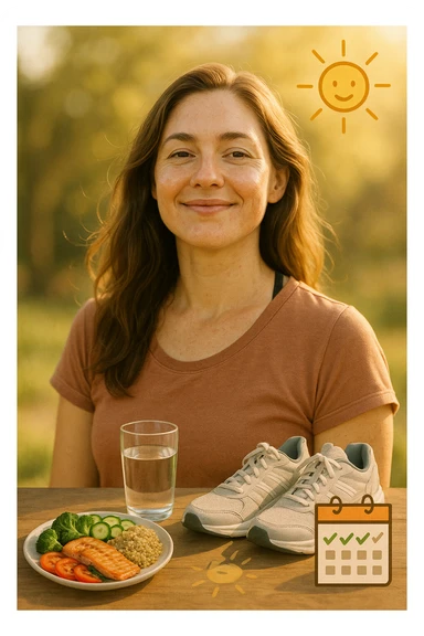 Realistic portrait of a woman with PCOS who is finally well, serene and vital appearance, glowing skin, healthy hair, relaxed but energetic posture. Next to her, visual symbols referencing a healthy lifestyle: balanced plate, glass of water, sneakers, sun, and a calendar with days marked without symptoms. Reduction of PCOS and premenstrual symptoms. Warm natural lighting, vertical 2:3, no text. sticker