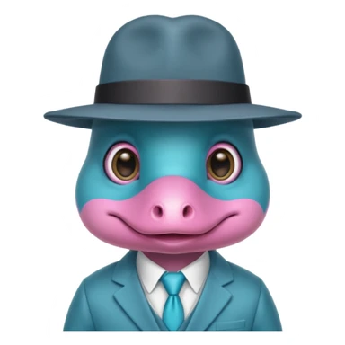 cute light blue turqiouse platypus head, mysterious with very big eyes with a detective hat, no  hands, looks like a platypus but blue, the hat and suit are pink sticker