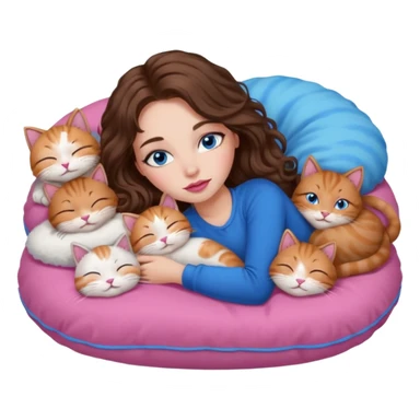 girl with long wavy brown hair, blue eyes, long lashes makeup, sexy pink lips, sleeping on a cozy pillow with 6 cats sticker