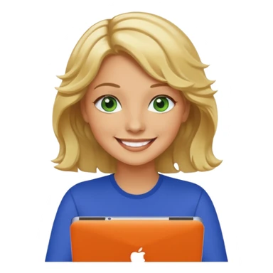 short wavy blonde hair tan skin teacher green eyes woman happy holding chromebook sticker