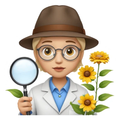 A 3D cartoon scientist wearing a hat and holding a magnifying glass close to bright flowers, curious expression, detailed Memoji-style realism.A 3D cartoon scientist wearing a hat and holding a magnifying glass close to bright flowers, curious expression, warm daylight. sticker