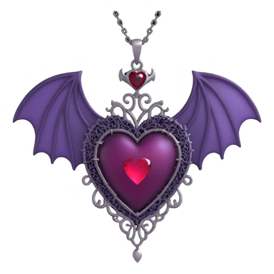 3D emoji gothic heart, deep purple satin texture, ornate silver filigree, black lace trim, faint purple glow, silver chain wrap, spiderweb overlay, bat wing accent, blood red teardrop gem sticker