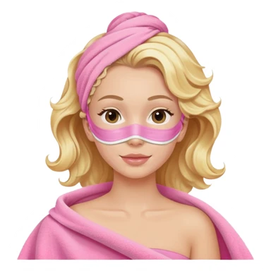 A white girl with blonde wavy hair in a pink towel with a spa face mask is relaxing sticker