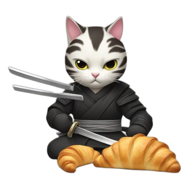 Ninja cat cuts croissant with  katana sticker