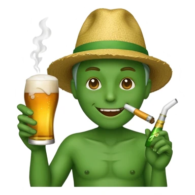 An emoji smoking a joint and holding a beer sticker
