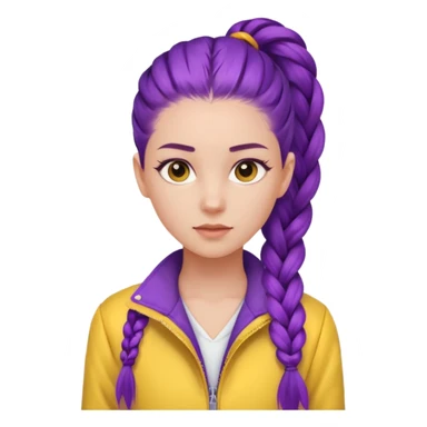 a beautiful girl face, long purple high pony single braided hair from the forehead, wearing a white shirt and a yellow jacket sticker
