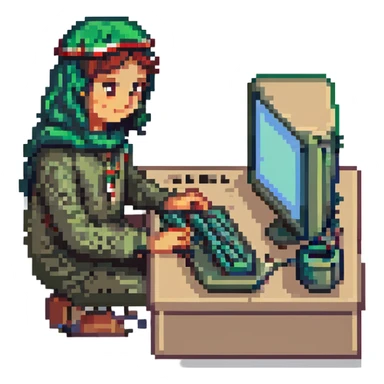 pixel art of a Palestinian coder at a computer, with subtle Palestinian cultural elements sticker