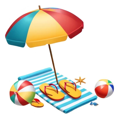 Icon for Beach Tourism: a sandy beach with a beach umbrella, with the ocean landscape in the background, flip-flops, a towel and a beach ball. The icon should capture the relaxation and fun of beach vacations. Transparent background. sticker