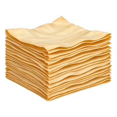 stack of ultra-thin rectangular phyllo dough sheets with wavy edges, soft beige color, top sheet lifted or curled showing delicate translucent texture, dry smooth surface with creases, clean 3D rendering, soft shadows, transparent background, emoji scale sticker