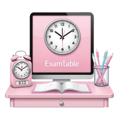 Student desk with pastel pink exam timetable and white clock, clean style sticker