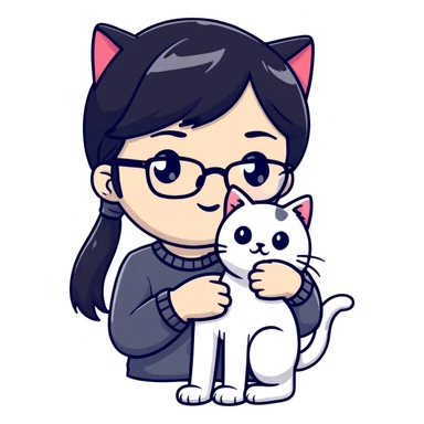 Girl with black hair wearing glasses holding a black and white cat sticker