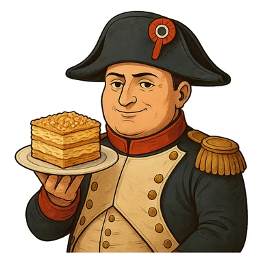 Используя похожую стилистику, слегка мультяшную, но при этом реалистичную - сгенерируй Наполеона, который довольно держит на тарелке торт наполеон, как бы демонстрируя его зрителю sticker