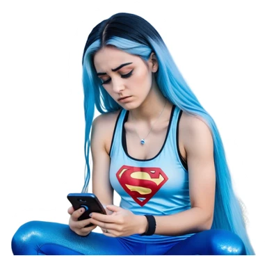Shameful disappointed crying-very very very very big chest-texting on a samsung cell phone-very long straight flowing black to sky blue hair ombre-blue eyes-black eyeliner-long eyelashes-plastic sparkling sky blue very low cut tank top with sparkling superman logo-black leggings-nike sneakers sticker