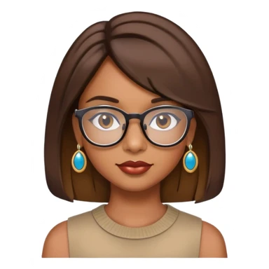 Brown girl with shoulder length bob with layers. She wears glasses and has on earrings and lipgloss sticker