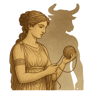 Ariadne, Greek princess, holding thread, with a subtle Minotaur silhouette behind her, ancient myth style sticker