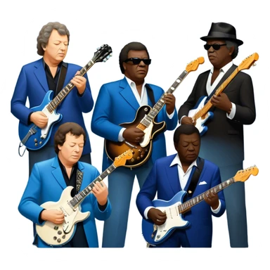 Icon for Blues Music: close-up collage of legendary blues artists. Gary Moore, Eric Clapton, B.B. King and Joe Cocker. Represented by silhouettes or symbolic items like guitars, microphones, or music notes, reflecting the soulful energy of blues music. Transparent background. sticker