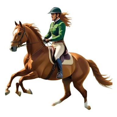 An icon featuring a horse and rider galloping gracefully over a lush green field. The rider is in full gear, guiding the horse with precision. The background shows rolling hills, a clear blue sky, and vibrant sunlight illuminating the scene. Transparent background highlights the elegance sticker