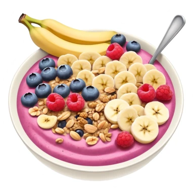 smoothie bowl with bananas, raspberries, blueberries, granola and peanut butter sticker