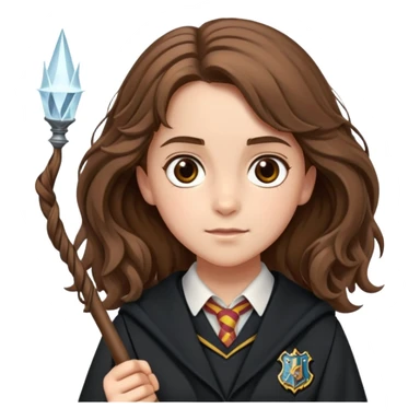 Hermione Granger with bushy brown hair, wand, and Hogwarts uniform sticker