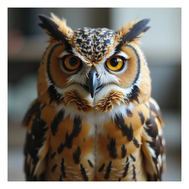 realistic wise owl smiling and making the saranghae (Korean finger heart) sign, detailed feathers and lifelike expression, photorealistic, naturalistic style sticker