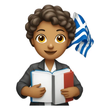 Woman scientist holding a Greek flag and a physics textbook sticker