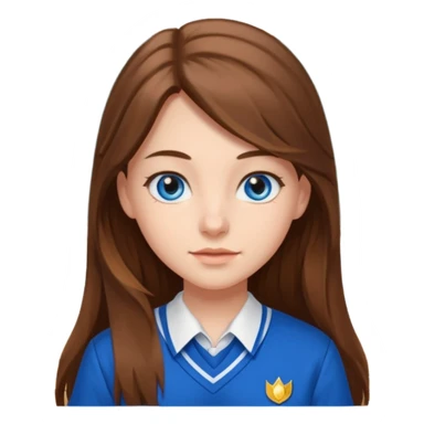 high school class room with a pretty female high school student with long brown hair, blue eyes sticker