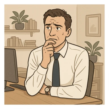 a man hesitating with a decision, looking stressed, business attire, expressive face, home office background, suitable for branding sticker