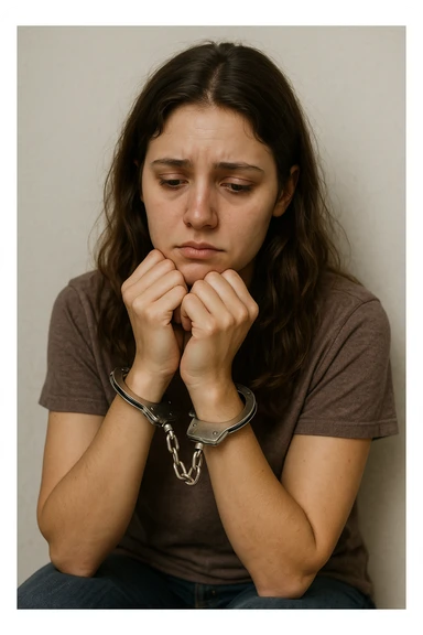 realistic illustration of a girl who is handcuffed, looking sad, neutral background sticker
