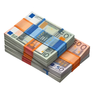 neatly stacked banknotes in 5 euro (grey), 10 euro, (red), 20 euro (blue), and 50 euro (orange) spread out so you can see each individual note. crisp paper texture, vibrant distinct colours sticker