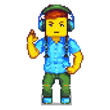 roblox character, blocky avatar, with headphones, energetic stance, white background sticker
