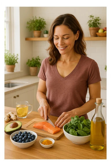Donna tra i 30 e i 40 anni in una cucina luminosa, serena e sorridente, mentre prepara un pasto a base di cibi antinfiammatori: avocado, mirtilli, salmone selvaggio, verdure a foglia verde, olio d’oliva, curcuma. Il piano cucina è ordinato, ricco di colori naturali. Sullo sfondo: erbe fresche, frutta, una tisana allo zenzero. La donna appare in forma, rilassata e consapevole delle sue scelte. Atmosfera calda e armoniosa, luce naturale. Stile realistico, tono positivo e ispirazionale sticker