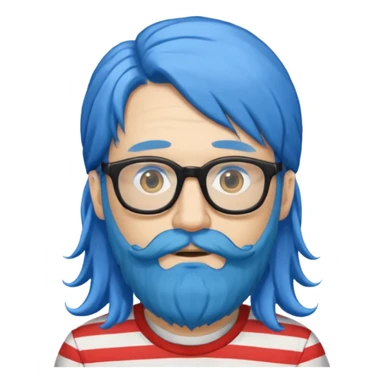 man with long blue hair, glasses, and a long beard and wearing a striped t-shirt sticker