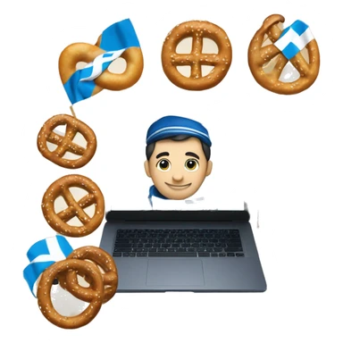 Create an emoji with a Bavarian Flag, blue and white colours, a "Lederhose", a laptop computer and one pretzel. sticker