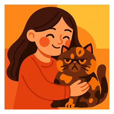 brunette girl snuggling a tortoiseshell Persian cat, cartoon style, warm and affectionate sticker