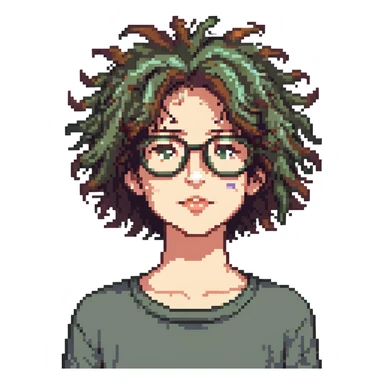 computer nerd icon, thick glasses, messy hair, playful, pixel art style sticker